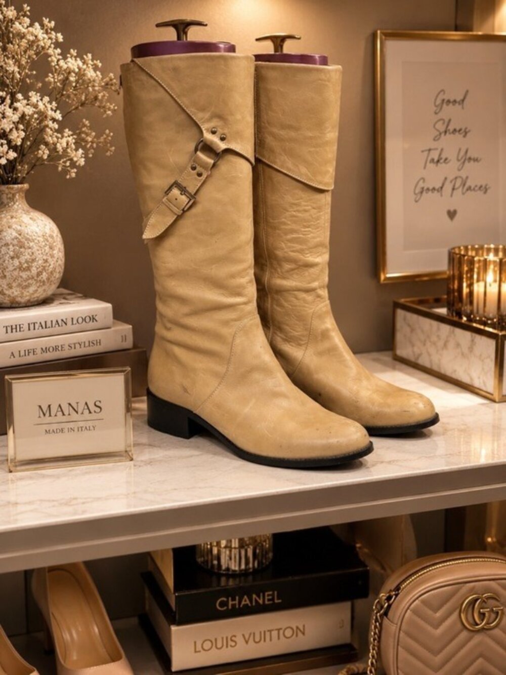 Manas Italy Leather Boots EU 37 US 7 Tan Knee High Moto Equestrian Harness Y2K